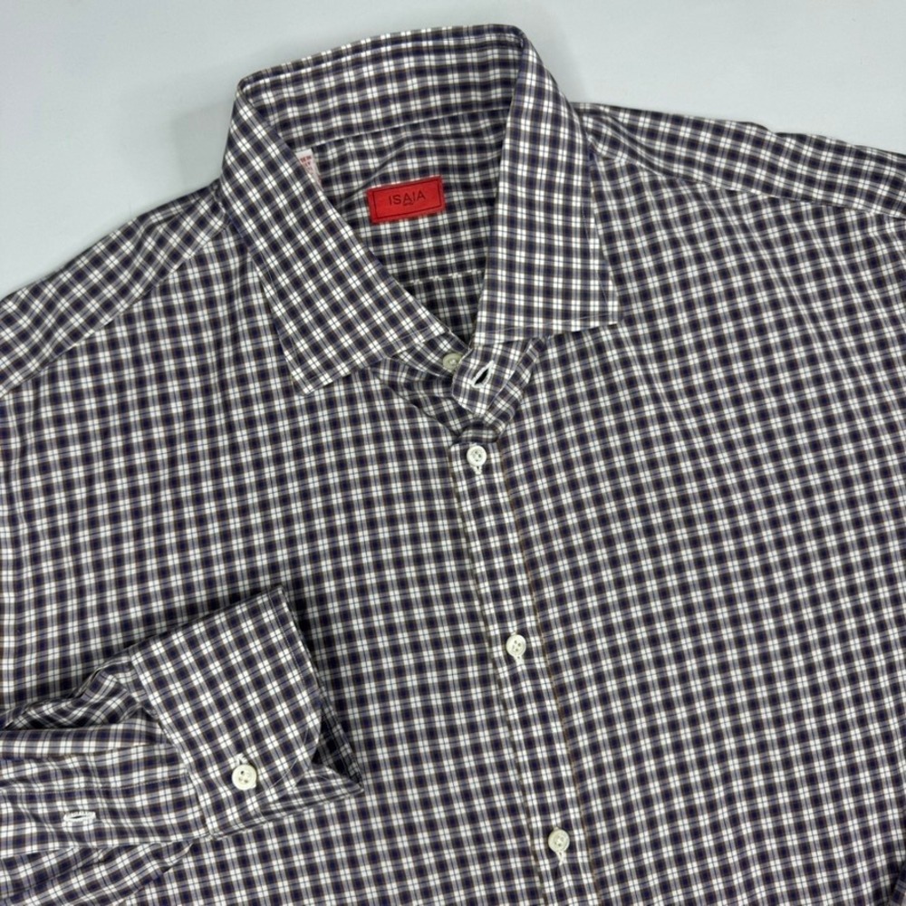 Isaia Napoli Button Down Dress Shirt Mens 17.5 Blue Brown Check Italian Luxury